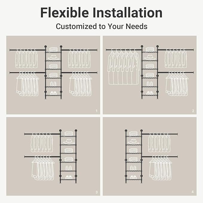Timate S3X Medium Expandable Wall Mounted Clothes Rack with 6 Adjustable Shelves & 4 Expandable Hanger Rods, Heavy Duty Industrial Pipe Clothing Rack for Hanging Clothes, Fits Spaces 5'3"- 8', Black