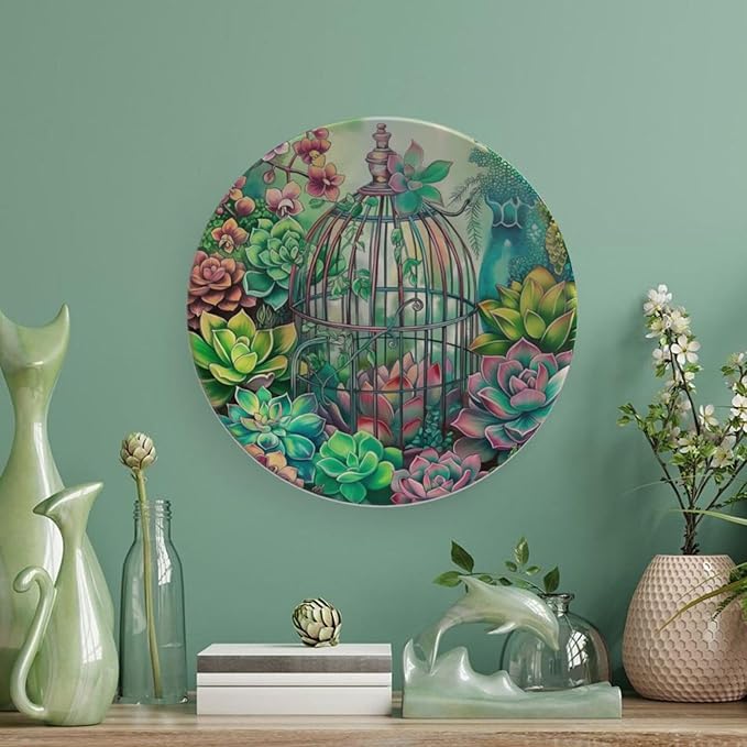 Garden Scenery Theme Decorative Ceramic Plate Round Porcelain Plate,Succulents and Bird Cage Pattern,for Decorative Ornaments Giving Plates, 1 Plate with 1 Display Stand,Green,6 inch