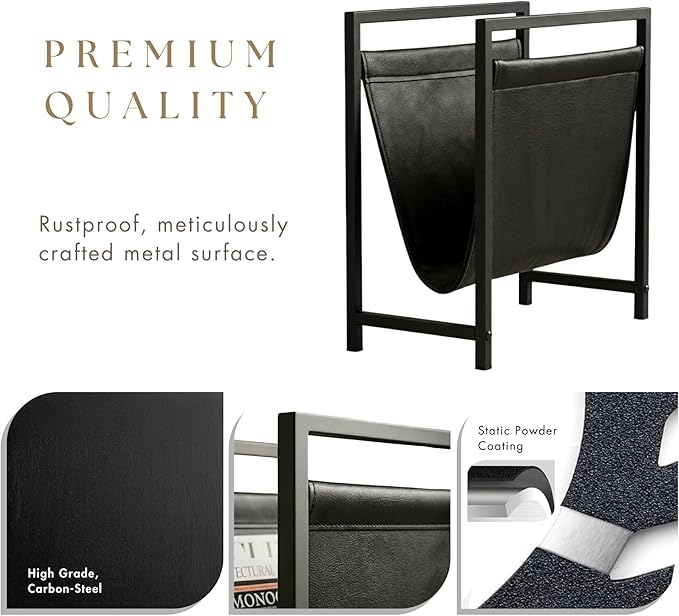 Modern Magazine Rack for Living Room and Office | Freestanding Metal and Leather Magazine Holder | Contemporary Storage Organizer for Books, Newspapers | Minimalist Home and Lounge Decor (Black)