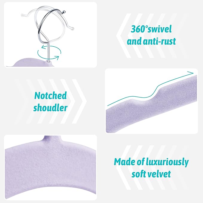 Velvet Hangers 50 Pack – Slim Non-Slip Flocked Hangers with 360° Swivel Hook, Space-Saving Closet Organizer for Dresses, Coats, Blouses(Purple)