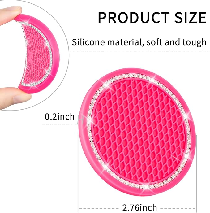 COCASES Car Coasters, 4 Pack Universal Vehicle Bling Car Coaster, Rhinestone Coaster for Cup Holders, Car Interior Accessories 2.75'' Silicone Car Coasters for Women(Hot Pink, White Crystal Circle)