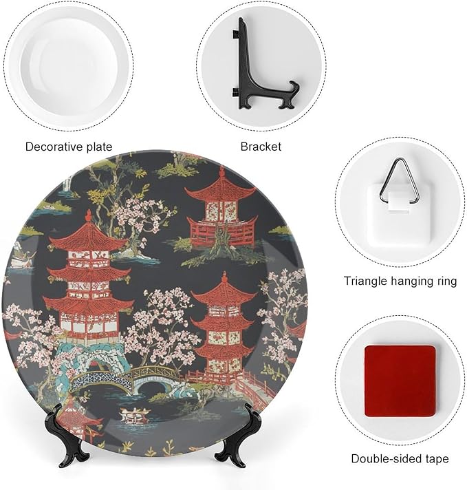 Decorative Plate Chinoiserie Charcoal Coral Pagoda Asian Customize Decor for Festival Display Home Kitchen Ceramic Dinner Plate 1 Plate with 1 Display Stand, Multi Sizes, Gifts for Men Women