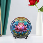 Decorative Plates, Boho Water Lily Stained Glass Print Display Plate for Home Office Kitchen Table Decor Porcelain Plates 6 Inch, Gifts for Lotus Lover