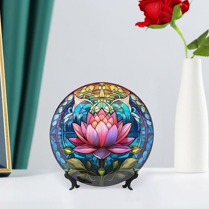 Decorative Plates, Boho Water Lily Stained Glass Print Display Plate for Home Office Kitchen Table Decor Porcelain Plates 6 Inch, Gifts for Lotus Lover