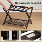 Pack of 2 Fully Assembled Bamboo Luggage Racks, Folding Suitcase Stand with Shoe Shelf, 5 Nylon Straps, Heavy Duty, Luggage Stands Ideal for Guest Room, Bedroom, Hotel, Espresso