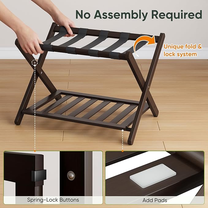 Pack of 2 Fully Assembled Bamboo Luggage Racks, Folding Suitcase Stand with Shoe Shelf, 5 Nylon Straps, Heavy Duty, Luggage Stands Ideal for Guest Room, Bedroom, Hotel, Espresso