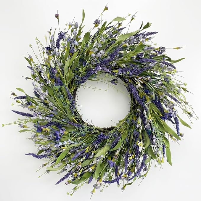 Jobflower 24 Inch Lavender Wreath for Front Door - Artificial Spring Wreath with Realistic Blue Berries - Lifelike Farmhouse Wall Decor for All Seasons