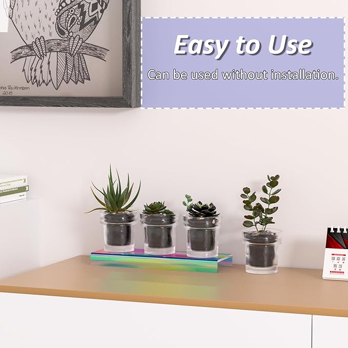 Sezanrpt Acrylic Shelf Riser 12x3.9x1 pack of 2, Iridescent Display Shelf 12” for Shoes, Glasses, Plants, Home Decors, Perfume, 12x3.9x1 Inch