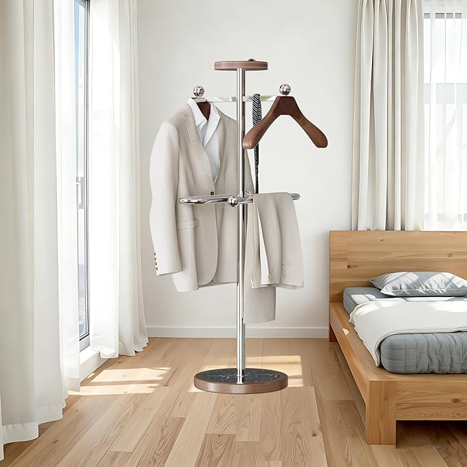 Metal Valet Stand with Tray, Clothes Valet Stand for Men with 2 Suit Hangers, Multifunctional Suit Valet Stand with Sturdy Base, for Entryway, Bedroom, Office H:54.33IN