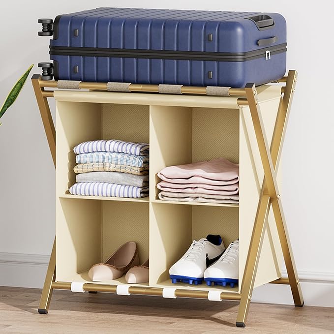 aboxoo Luggage Rack with storage, Guest Room Folding Suitcase Stands, Holds up to 120 lb, Space Saving Suitcase Holders for guest room, Bedroom Hotel, Gold