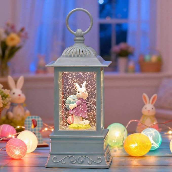 Easter Snow Globe, Easter Decorations for The Home, Lighted Glitter Bunny Snowglobe Lantern for Spring Home Decor