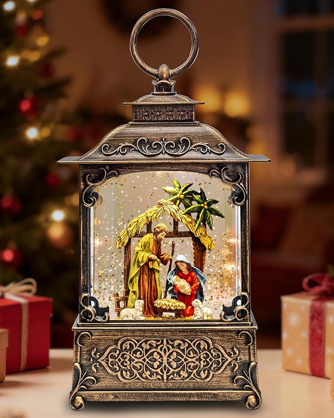 Musical Nativity Scene Christmas Snow Globe Lantern - Lighted Nativity Snow Globes with Swirling Glitter, LED Lights, Silent Night Song, 6-Hour Timer, Battery or USB Powered, Xmas Decorations Gifts