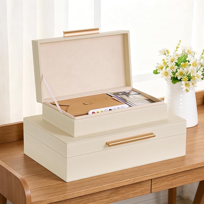 Decorative Box, Decorative Boxes with Lids 2-Set, Memory Box for Keepsakes, Beautiful PU Leather Decorative Storage Boxes in Style, Decor Box with Rose Metal Handle, Store Photos, Documents Beige