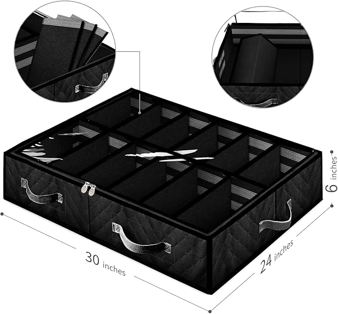 Under Bed Shoe Storage Organizer, Set of 2, Sturdy Structure, Adjustable Dividers, Reinforced Handle, Sturdy Zipper, Underbed Storage Solution with Clear Window, Breathable, Black