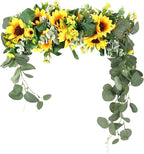 Artificial Sunflower Swag, 17.7inch Decorative Flower Swag Wedding Arch Decor, Fake Flower Wreath Sunflower Swag Garland, Green Leaves Hanging Ornament Floral Swag Door Swag for Wedding Home(Yellow)