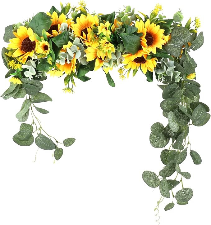 Artificial Sunflower Swag, 17.7inch Decorative Flower Swag Wedding Arch Decor, Fake Flower Wreath Sunflower Swag Garland, Green Leaves Hanging Ornament Floral Swag Door Swag for Wedding Home(Yellow)