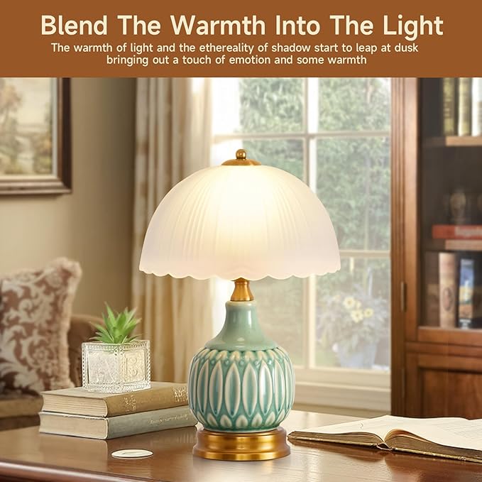 Table Lamps Ceramic Retro Lamp for Living Room,15.7" Modern Bedside Nightstand Traditional Lamps, Classic Chinoiserie Green Glass Lamp for Home (Retro)