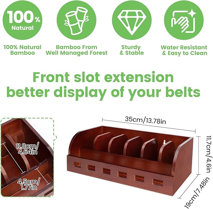 Large Adjustable Bamboo Belt Organizer Box, 6 Grids Belt Rack, Belt Organizer for Closet Shelf and Drawer, Tie and Belt Storage Organizer Wall Mount and Displayer for Men Women Father Day (Brown)
