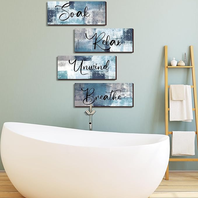 Maitys 4 Pcs Bathroom Wall Decor 10 x 4 Inch Bathroom Wall Art Contemporary Wood Restroom Pictures for Soak Unwind Relax Hanging Sign Spa Rustic Vintage Farmhouse Pediments(Blue, White)