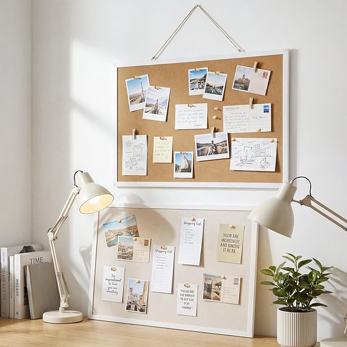 Thboxes Cork Board with Linen, 30" x 20" Double-Sided Bulletin Board Corkboard for Wall Picture Display Framed Vision Boards for Home Office School Pin Boards with 20 Pushpins &10 Clips