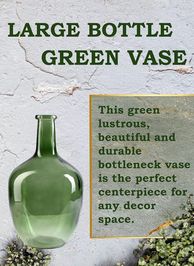 Serene Spaces Living Olive Green Bottleneck Glass Vase - Elegant Vintage Floor Vase for Long-Stemmed Floral Arrangements, 7.48" Diameter & 12" Tall (Pack of 1)