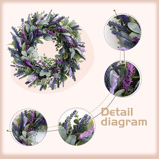 Lavender Wreaths for Front Door, 20 inch Artificial Farmhouse Wreaths for Wall Window Party Wedding Decor Indoor Outdoor Spring Summer Fall Decoration