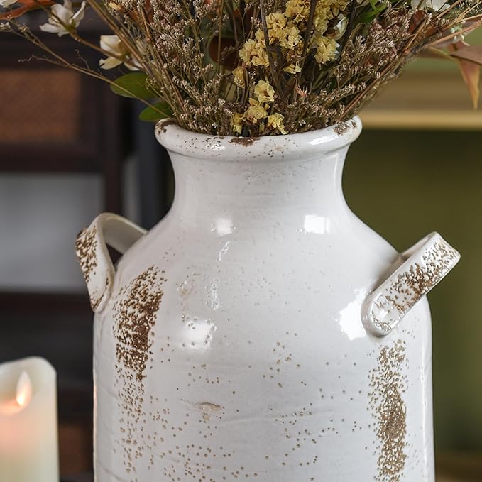 Quoowiit Ceramic Rustic Farmhouse Vase, 14 Inch Distressed Decorative Flower Vase for Home Decor, Large White Vase for Living Room Bedroom Kitchen Office Decor Centerpiece Table Decorations