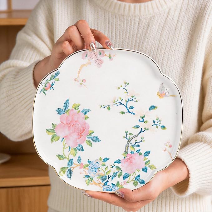 KAMMAK Ceramic Decorative Plate, Porcelain Plates for Kitchen Dining Room Wine Cabinet Home Decor, Vintage Collector Plates with 1 Display Stand, Four-Leaf Clover - Peony