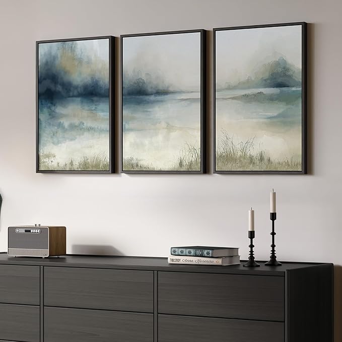 Framed Abstract Landscape Wall Art, 3 Piece Blue Watercolor Canvas Prints Paintings Artwork for Walls, Misty Lake Mountain Nature Pictures for Living Room Dining Room Bedroom Wall Decor 16x24 In