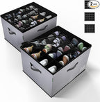 2 Pack Shoe Organizer for Closet, Foldable Fabric Shoe Storage Box with Adjustable Dividers and Clear Dustproof Cover, Large Collapsible Shoe Bins & Containers, Holds up to 32 Pairs, Gray