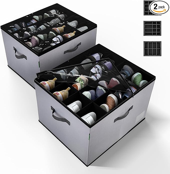 2 Pack Shoe Organizer for Closet, Foldable Fabric Shoe Storage Box with Adjustable Dividers and Clear Dustproof Cover, Large Collapsible Shoe Bins & Containers, Holds up to 32 Pairs, Gray