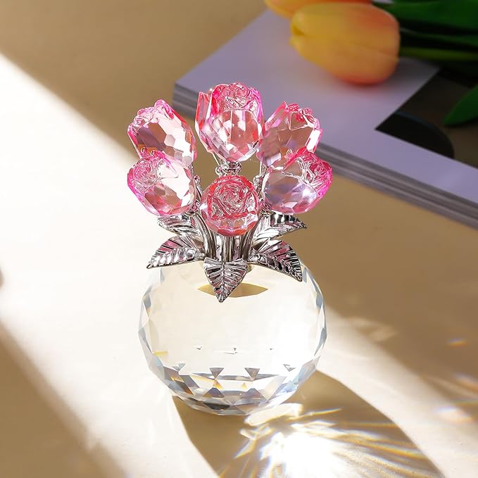 Arikyrist Crystal Pink Rose Bouquet Figurine with Round Vase, Glass Rose Flower Romantic Gifts for Her Mom on Anniversary, Collectible Decoration Table Centerpiece for Home