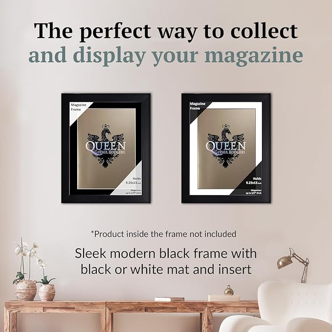 Creative Picture Frames 9.25 x 13 Magazine Frame with Full-Strength Glass, Holds Up To A 1/4" Thick Media with Installed Hangers for Easy Mounting, 11x14 Black Frame withBlack Mat