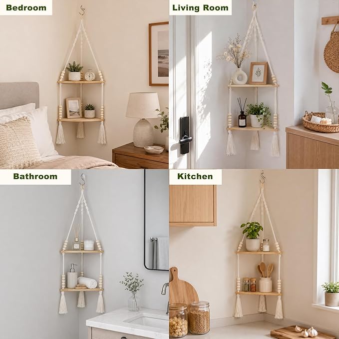 Artilady Macrame Wall Hanging Corner Shelf 2-Tier, Adjustable Boho Stable Shelves Display for Indoor Plants Candle Holder, Rustic Bedroom Living Room Home Decor (Beige 2-Tier Beads)
