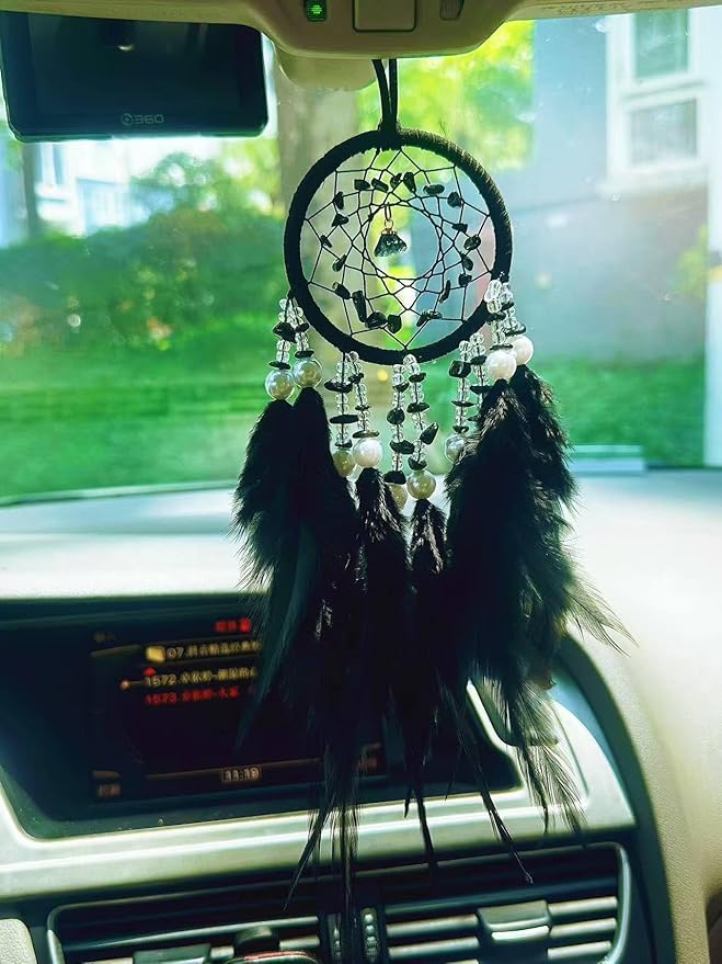 Mini Dream Catcher for Car Rear View Mirror Accessories,Handmade Small Dream Catchers Boho Car Charm Interior Decor（Black）