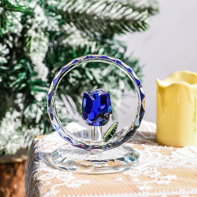 LONGWIN Crystal Blue Rose Flower Figurine Collectible Glass Spring Bouquet Decorative Ornaments for Home Office,Romantic Valentine’s Day, Anniversary & Wedding Gifts for Women