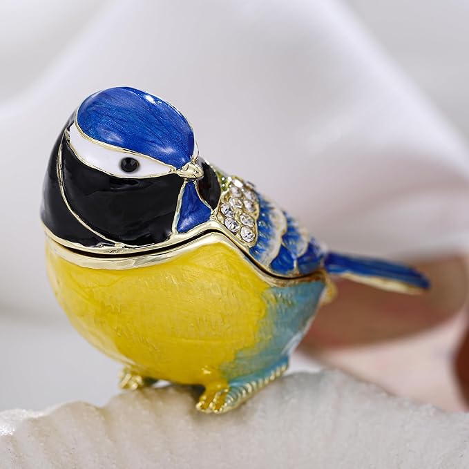 Hand Painted Trinket Box for Home Decor Accents, Enamel Hinged Jewelry Box for Bookshelf Office Table Desk Decoration, Classical Figurine Collectible Keepsake Animal Sculptures (Blue Jay)