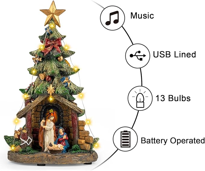VISFLAIR 12'' Christmas Tree Lighted Manger Nativity Scene, Musical Holy Family Figurines LED Light Play Silent Night Music, Battery & USB Home Decor Gifts Festive Holiday Decorations