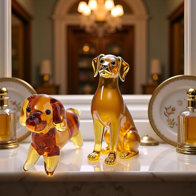 Brown Mini Dog Art Blown Glass, Crystal Cute Dog Figurine, Glass Ornament Statue Animal Collectible, Blown Art Pet Animal Collectible Figures Home Décor Accents
