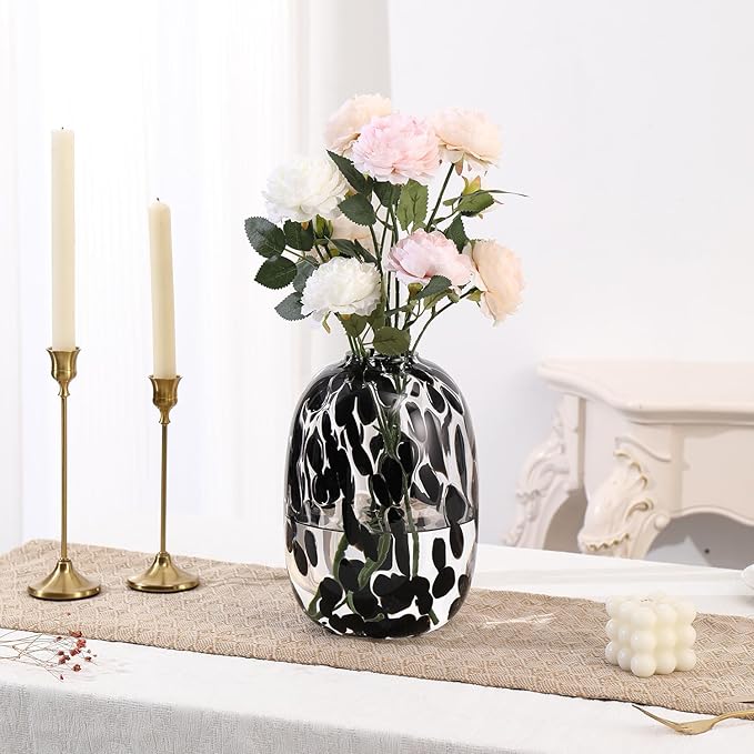 Black Glass Vase, Large Glass Flower Vases for Bouquets, Tall Floor Vase for Living Room, Dining Table, Mantle, Shelf, Wedding, Office, 10 Inches
