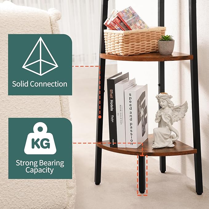 Yoobure Corner Shelf, 5-Tier Corner Bookshelf with Metal Frame & Wood Ladder Shelves - Display Shelf & Tall Bookcase, Plant Stand for Home Decor - Bedroom, Living Room, Office