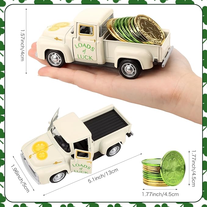 St Patricks Truck Decor White Metal Car with Gold Green Coin St Patrick’s Day Decor Farmhouse Vintage Green Metal Truck Decor Irish Party Decoration Vintage Collectible Car for Desk Bookshelf