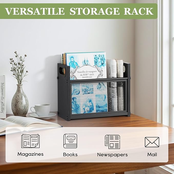 Black Magazine Holder, Wood Magazine Rack Floor, Mesh Magazine File Holder, Magazine Storage Basket, Magazine Holders for Classroom, Magazine Stand for Desk, Folder Organizer Bin for Books