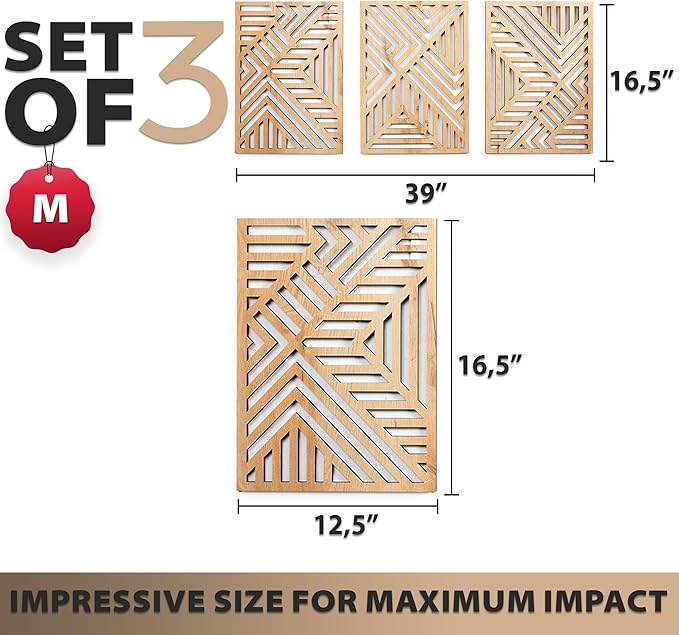qmmp Modern Wooden Wall Sculptures - Set of 3 - Home Decor Accent - Large Wall Art for Living Room, Bedroom, Office - Easy Installation (Oak, Medium - Direction)