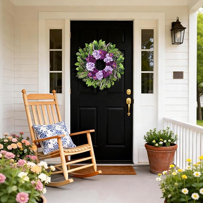 Summer Wreaths for Front Door, 24 Inch Summer Wreath Purple Floral with Hydrangea Ranunculus Flower Summer Door Wreaths for Porch Entryways Wall Window Farmhouse Party Home Seasonal Decor