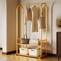 Gold clothing rack with bottom Storage shelves and 6 side hooks,Sturdy metal clothes rack for Hanging Clothes,Modern garment rack Wardrobe Rack for Bedroom or Boutique