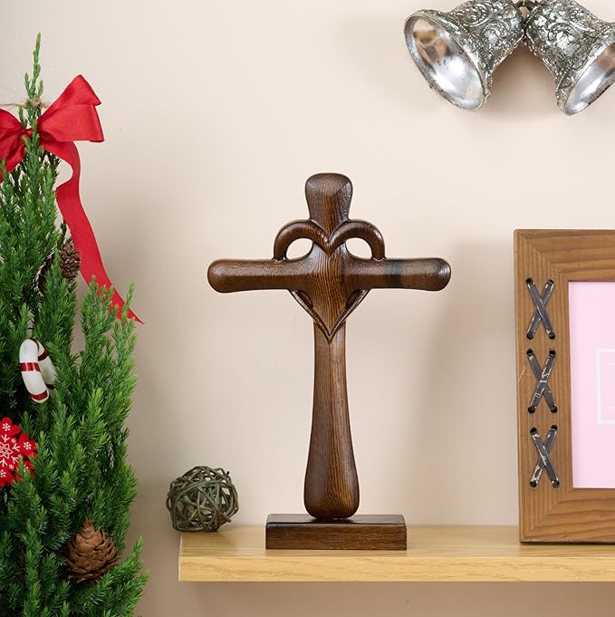 DAICAT - Hand-carved Wooden Cross Wall Decor, 10 Inch Tall Larger Cross for Home Decor, Cross Decor for Wall, Hand made Wood Crosses Wall and Table, Wedding Gifts for Couple (No 5)