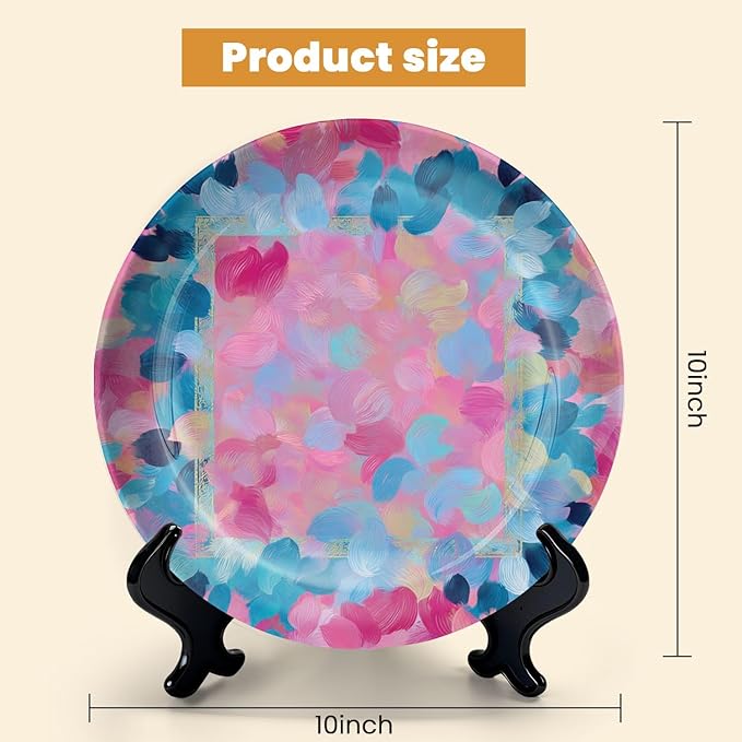 HABEN ARTWORK 10" Ceramic Plates for Display Colorful Abstract Floral Pink Blue Swirls Decorative Plate with Stand and Hook for Kitchen Dining Room Wall Hanging Decor