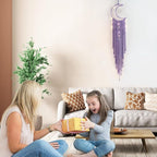 Boho Macrame Woven Wall Hanging for Girl, Crochet Crescent Moon Star Dream Catcher with Light, Purple Cotton Handmade Bohemian Home Decor Decoration for Kids Nursery Bedroom Dorm Room