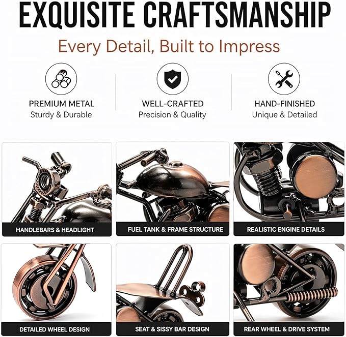 Handmade Metal Motorcycle Model - Motorcycle Gifts for Men & Women, Biker Enthusiast Figurine – 6" Vintage Motorcycle Decor for Man Cave, Home & Office